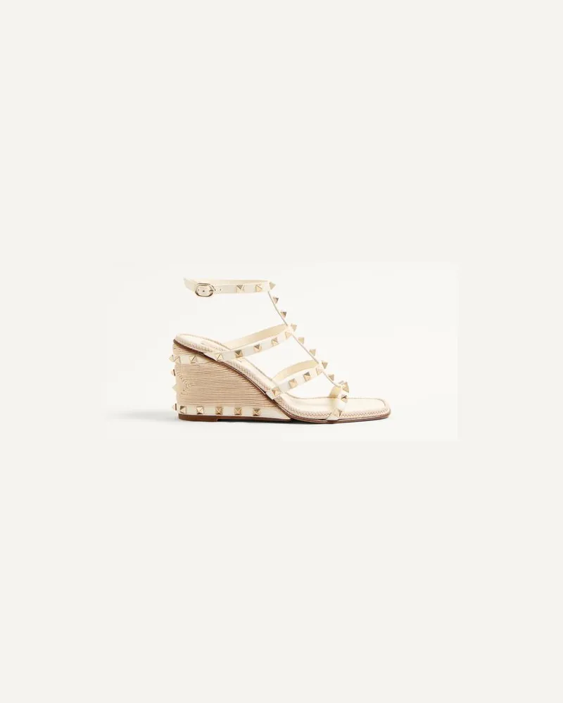 Valentino Garavani Rockstud Wedge-Sandalen Aus Kalbsleder Mit Cornely-Stickerei 80 Mm Frau ELFENBEIN Elfenbein