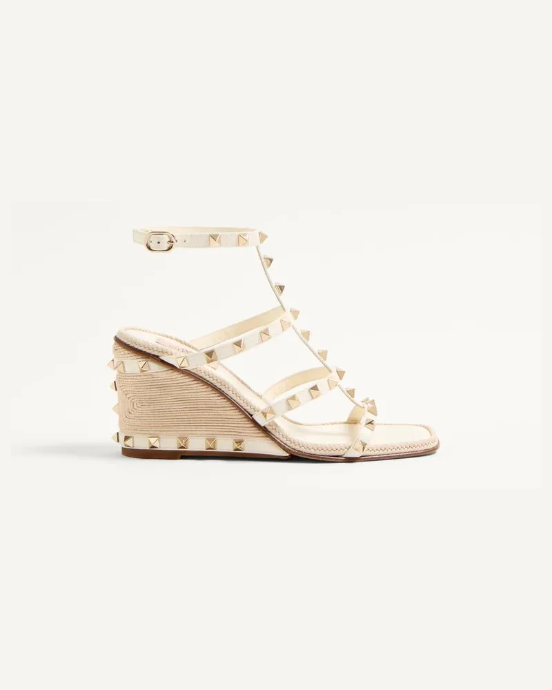 Valentino Garavani Rockstud Wedge-Sandalen Aus Kalbsleder Mit Cornely-Stickerei 80 Mm Frau ELFENBEIN Elfenbein