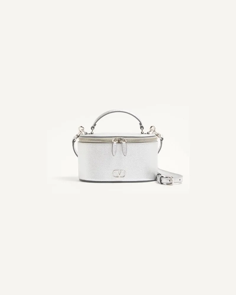 Valentino Garavani VLogo Signature Mini-Kosmetiktasche aus laminiertem, genarbtem Kalbsleder Frau SILBER Silber