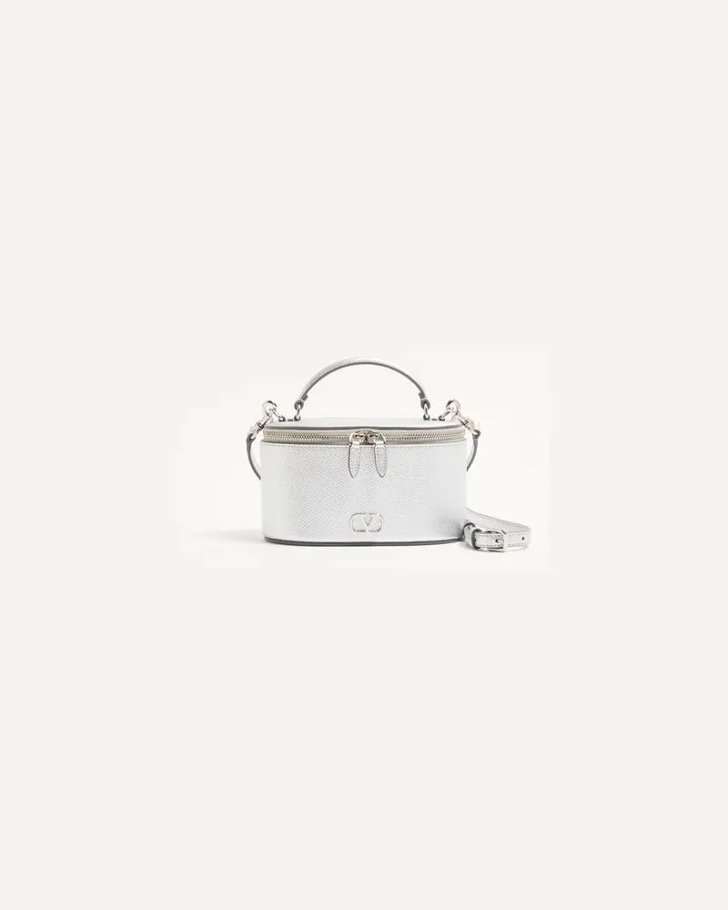 Valentino Garavani VLogo Signature Mini-Kosmetiktasche aus laminiertem, genarbtem Kalbsleder Frau SILBER Silber