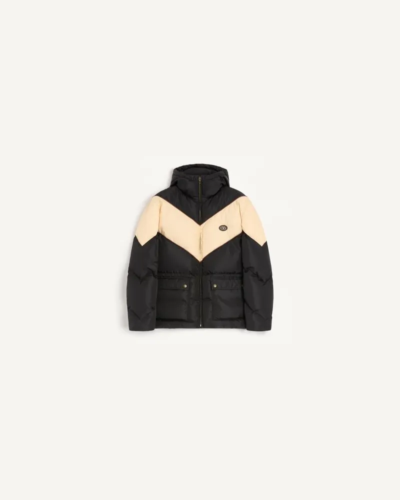 Valentino Garavani Valentino Leichte Daunenjacke aus Nylon mit Kapuze, verziert mit V und VLogo Patch Mann SCHWARZ/BUTTER Schwarz