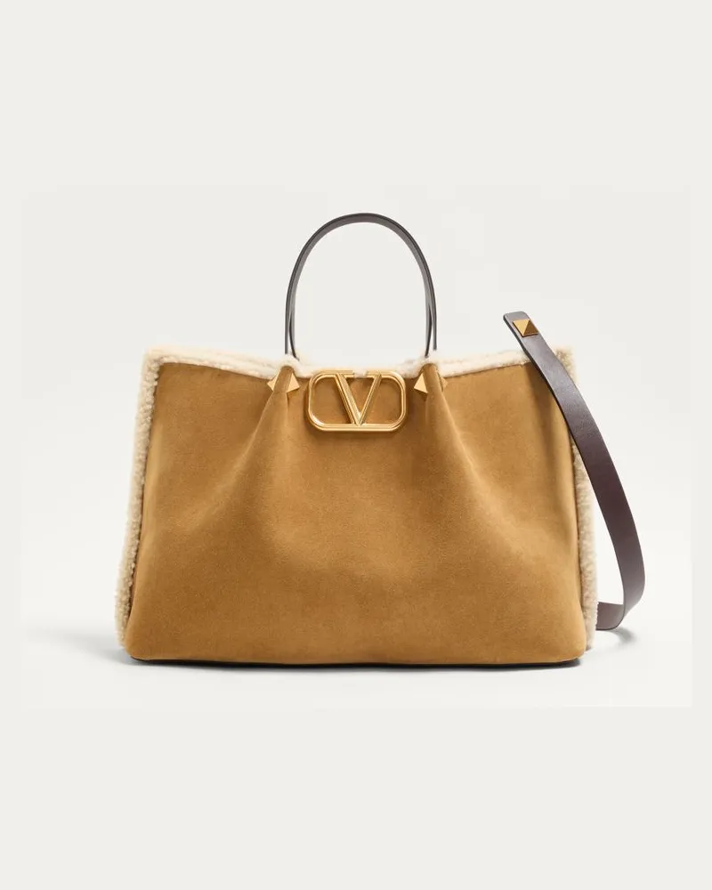 Valentino Garavani Valentino Garavani Mittelgroßer Shopper Aus Wildleder Mit Futter Aus Schaffell Und Vlogo Signature Aus Metall Frau HAVANA BEIGE Havana