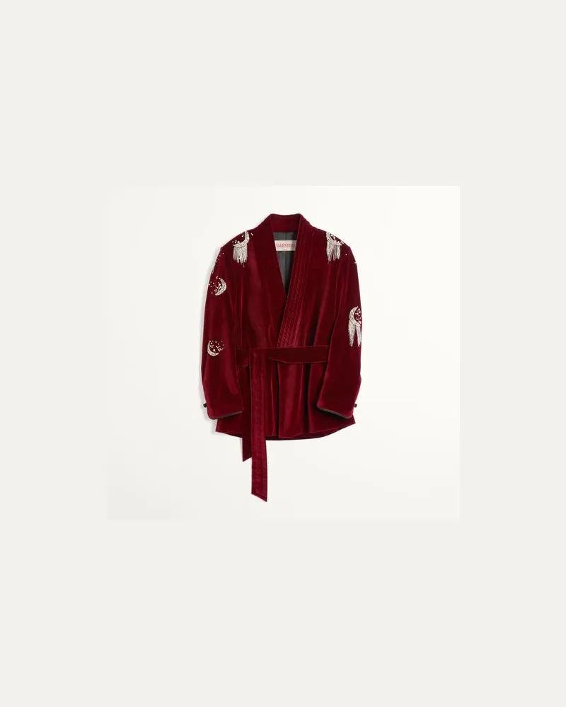 Valentino Garavani Jacke Aus Baumwollsamt Mit Gürtel Und Strass- Und Perlenstickerei Mann ROT Rot