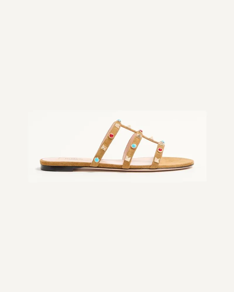 Valentino Garavani Rockstud Slide-Sandalen Aus Spaltleder Mit Cabochon-Steinen Frau HAVANA BEIGE Havana