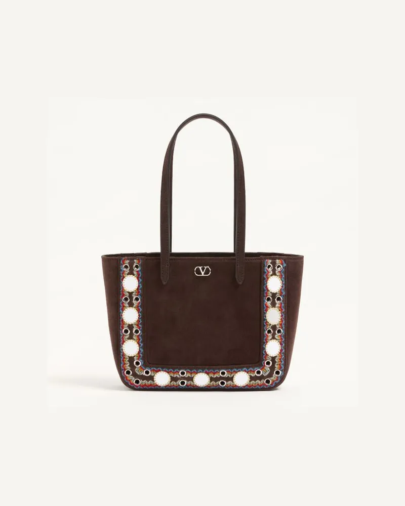 Valentino Garavani Valentino Garavani Nellcôte Mini-Einkaufstasche aus Wildleder mit besticktem Besatz Frau EBENHOLZ/MULTICOLOR Ebenholz
