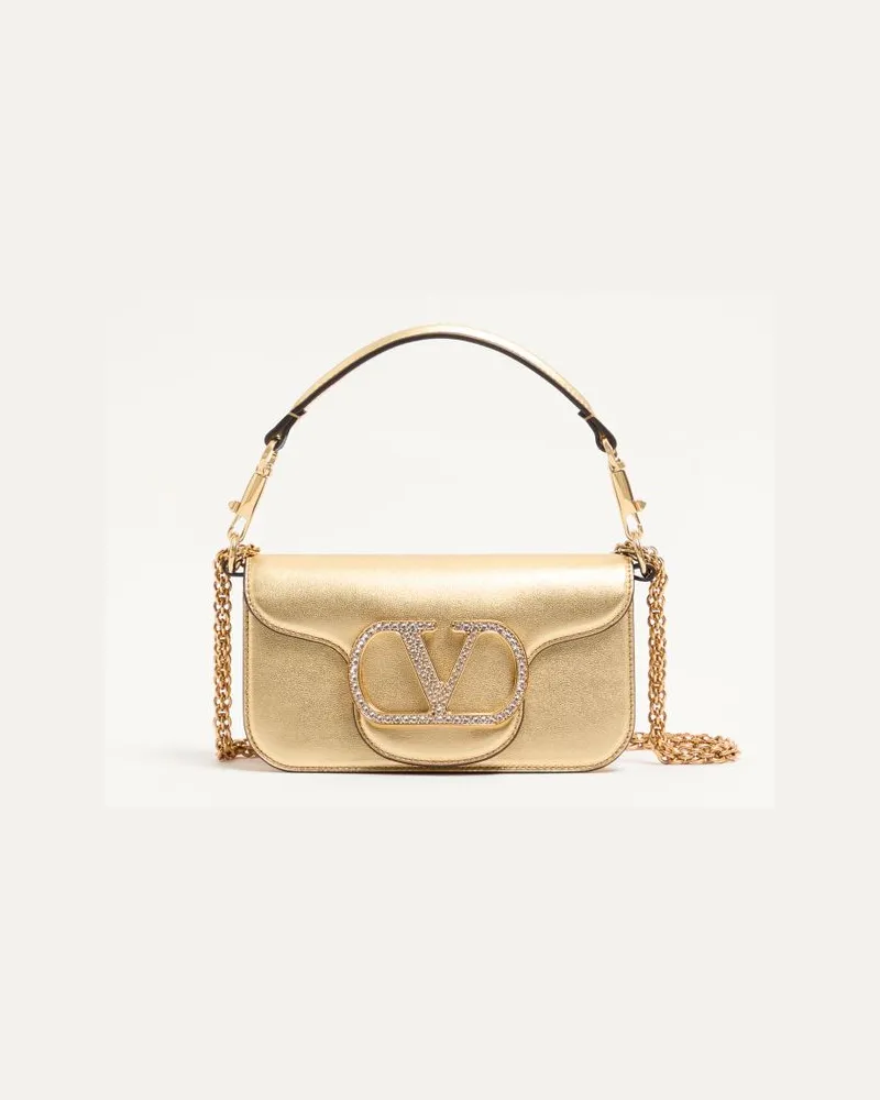 Valentino Garavani GARAVANI LOCÒ KLEINE SCHULTERTASCHE AUS LAMINIERTEM KALBSLEDER MIT SCHMUCKLOGO Frau ANTIQUE BRASS Antique