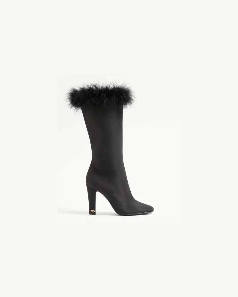 Valentino Garavani Hotty Stiefel aus Shantung-Stoff mit Federn, 100 mm Frau SCHWARZ Schwarz