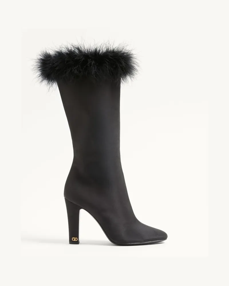 Valentino Garavani Hotty Stiefel aus Shantung-Stoff mit Federn, 100 mm Frau SCHWARZ Schwarz