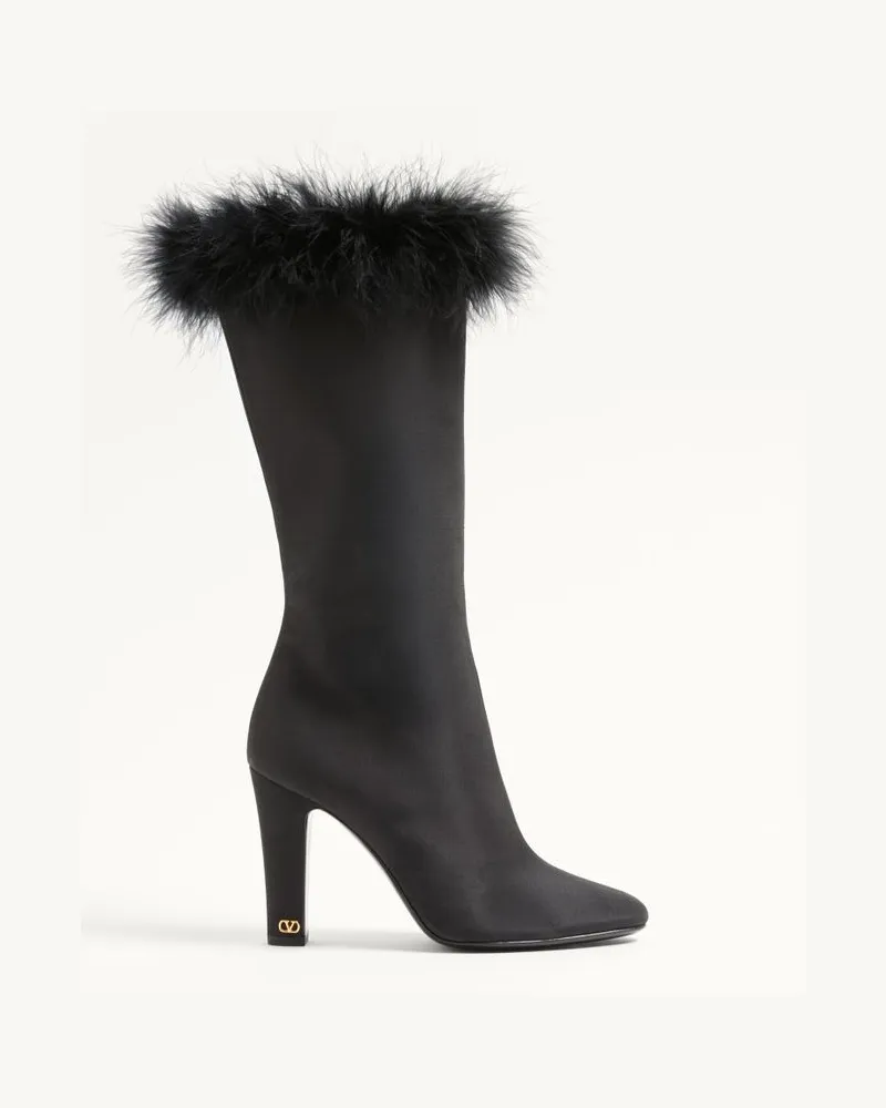 Valentino Garavani Hotty Stiefel aus Shantung-Stoff mit Federn, 100 mm Frau SCHWARZ Schwarz