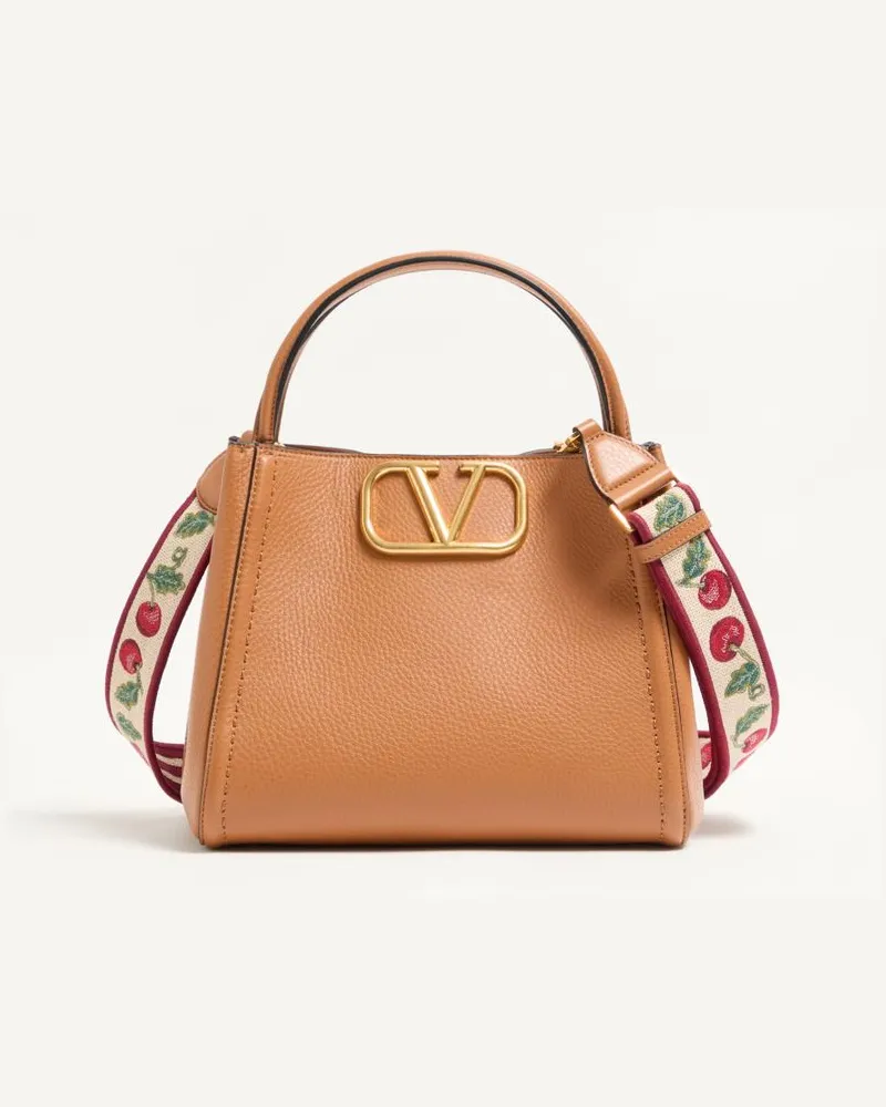 Valentino Garavani Mittelgroße Valentino Garavani Alltime Handtasche aus genarbtem Kalbsleder mit gesticktem Cherryfic-Band als Schulterriemen Frau MANDEL Mandel