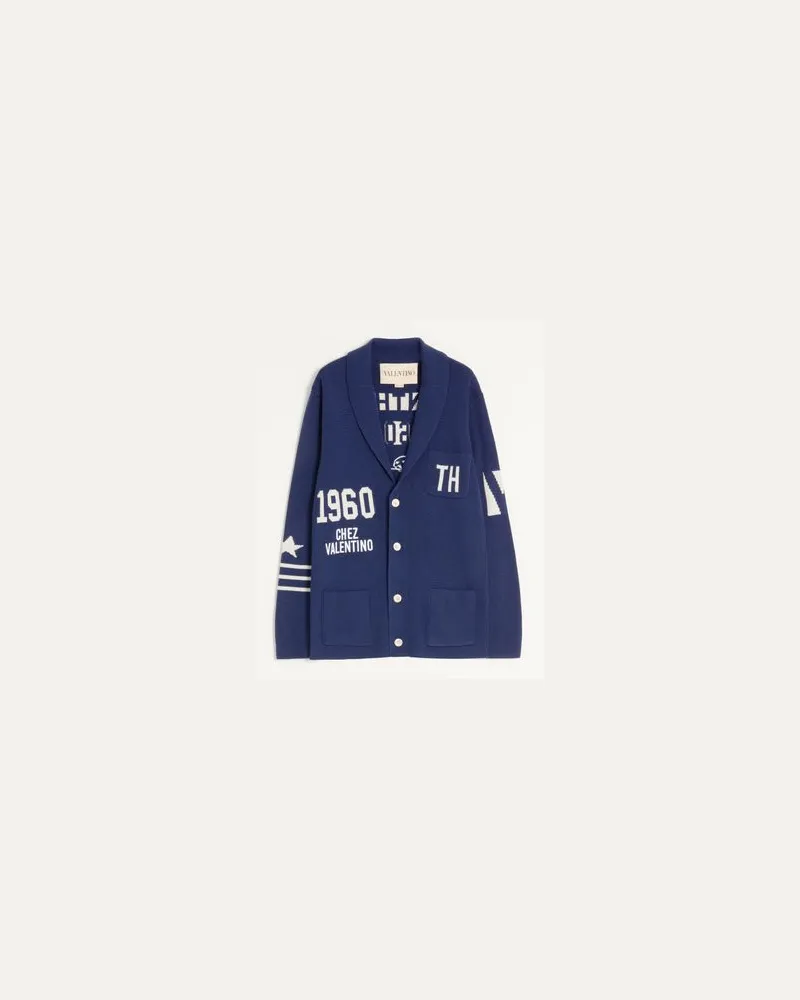 Valentino Garavani Strickjacke Aus Wolle Mit Schalkragen Und Chez Valentino-Jacquard Mann BLAU/BUTTER Blau