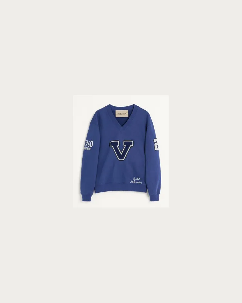 Valentino Garavani Besticktes Sweatshirt Aus Baumwolle Frau BLAU/ELFENBEIN Blau