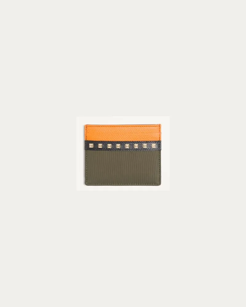 Valentino Garavani Valentino Garavani Stud Up Kartenetui aus Nylon und genarbtem Kalbsleder Mann OLIVE GREEN/ORANGE Olive