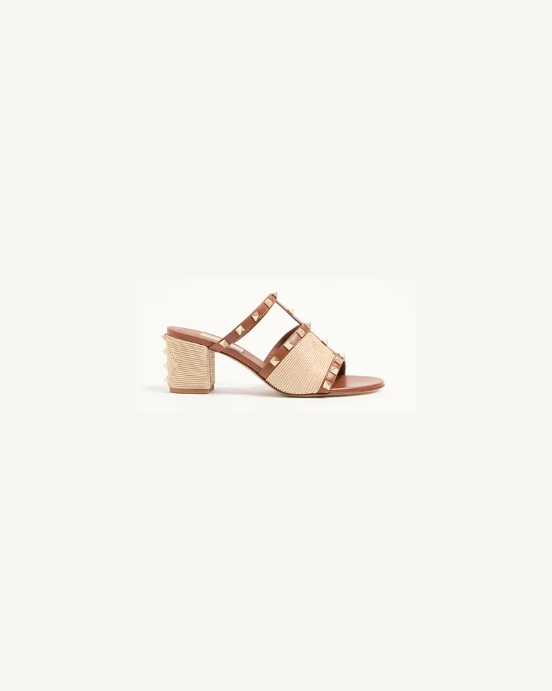 Valentino Garavani Rockstud Slide Sandalen Aus Kalbsleder Mit Cornely-Stickerei 60 Mm Frau SADDLE BROWN/NATUR Saddle