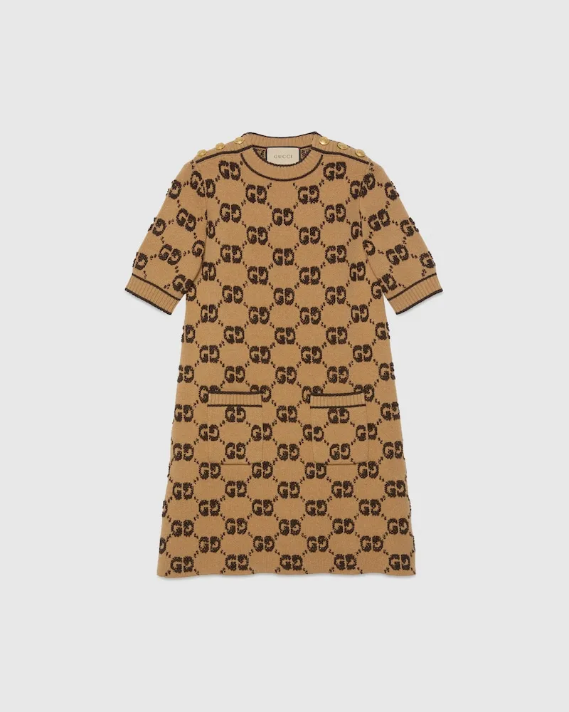 Gucci Kleid aus Wollbouclé Mit GG Jacquard, Größe Beige