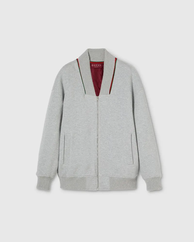 Gucci Jacke aus Baumwolljersey Mit Reißverschluss Und Web, Größe Grau