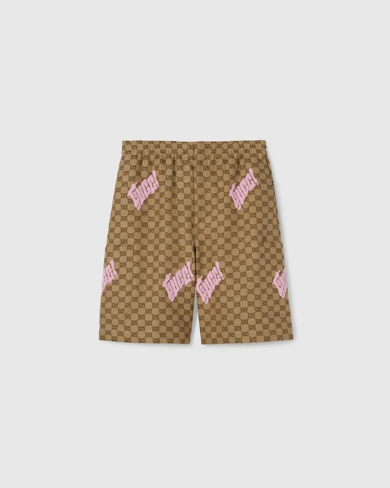 Gucci Canvas-Shorts aus Leinenmischung Mit Stickerei, Größe Beige