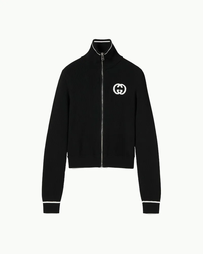 Gucci Gerippte Jacke Mit Reißverschluss Und Intarsie, Größe Schwarz