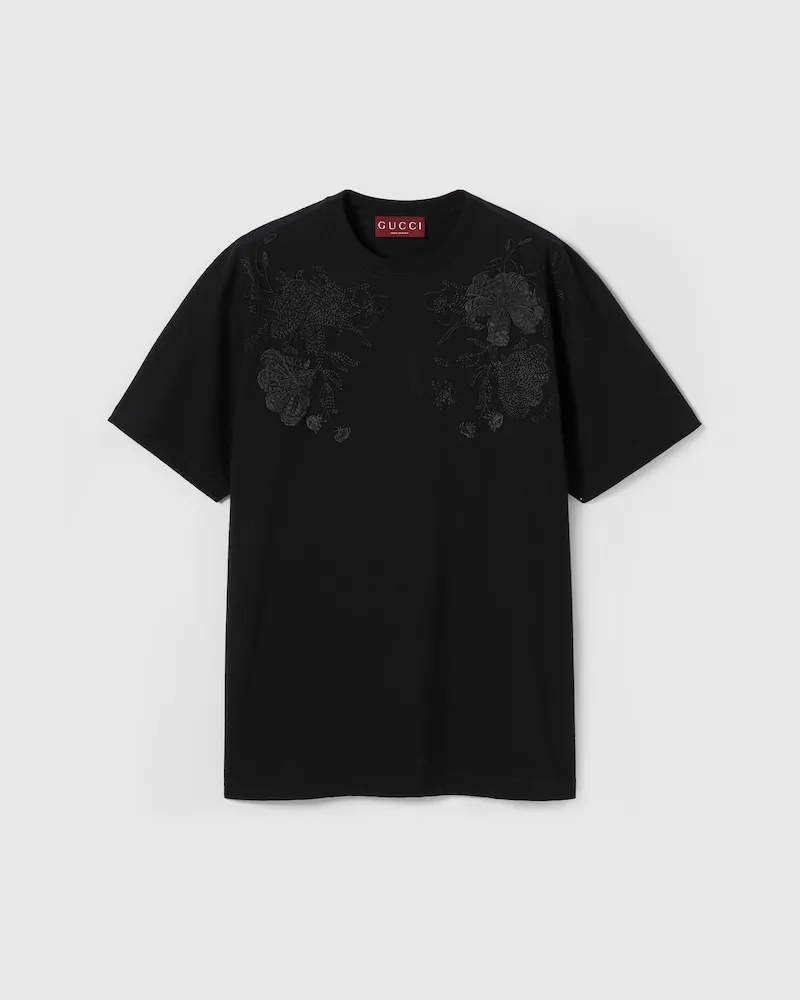 Gucci T-Shirt aus Baumwolljersey Mit Stickerei, Größe Schwarz