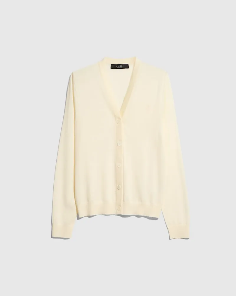 Gucci Cardigan aus Feiner Wolle mit Stickerei, Größe Weiß