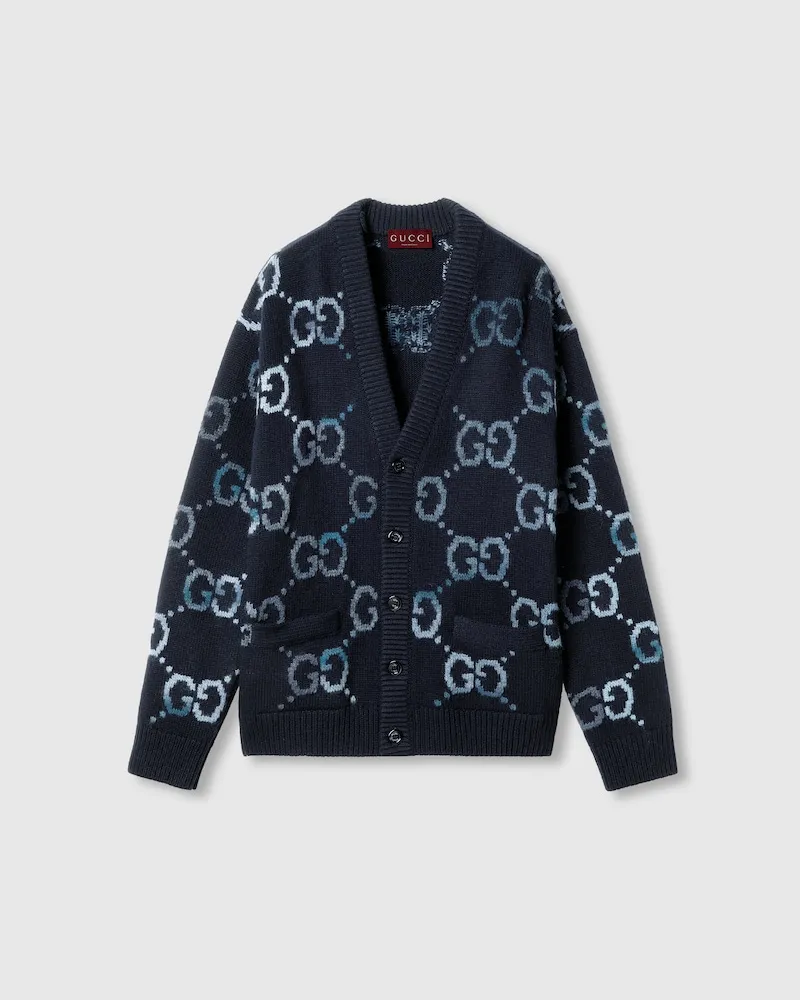 Gucci Cardigan aus Wolle Mit GG Intarsie, Größe Blau