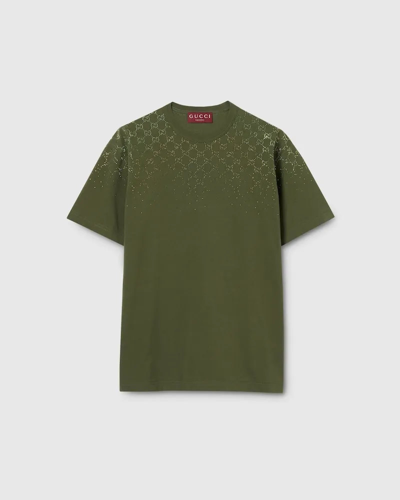 Gucci T-Shirt aus Baumwolljersey Mit Kristallen, Größe Grün