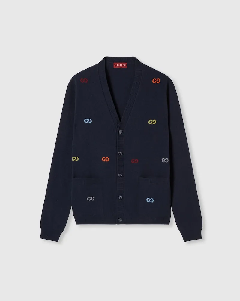 Gucci Cardigan aus Feinem Kaschmir Mit Intarsie, Größe Blau