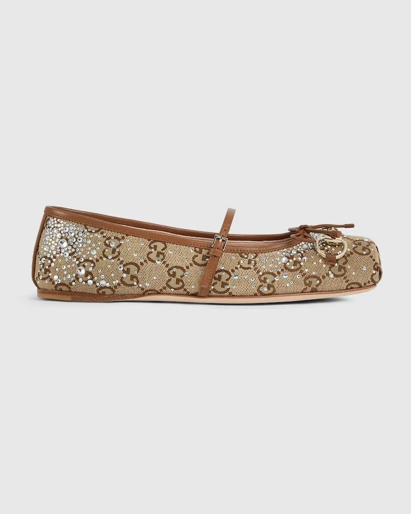 Gucci Horsebit Damenballerina Mit GG Kristallen, Größe Braun