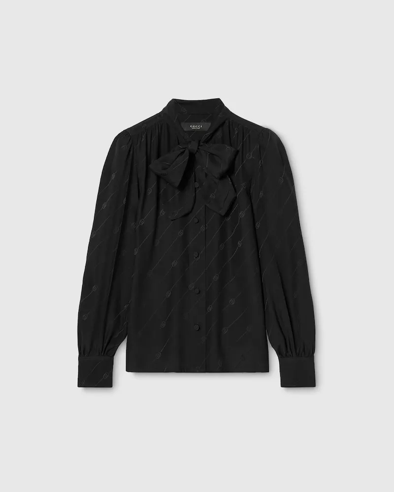 Gucci Bluse aus Seidensatin-Crêpe Mit GG, Größe Schwarz