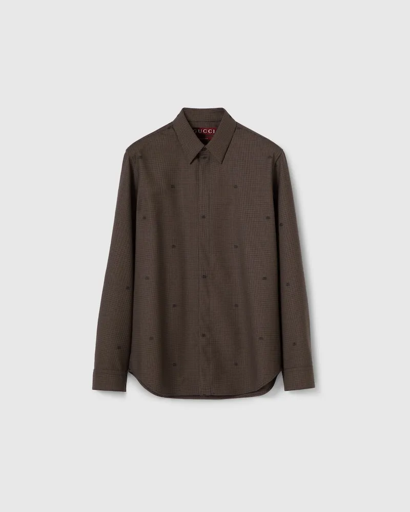 Gucci Hemd aus GG Wolljacquard Mit Hahnentrittmuster, Größe Braun