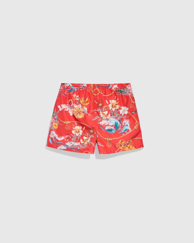 Gucci Badeshorts aus Nylon mit Print, Größe Rot