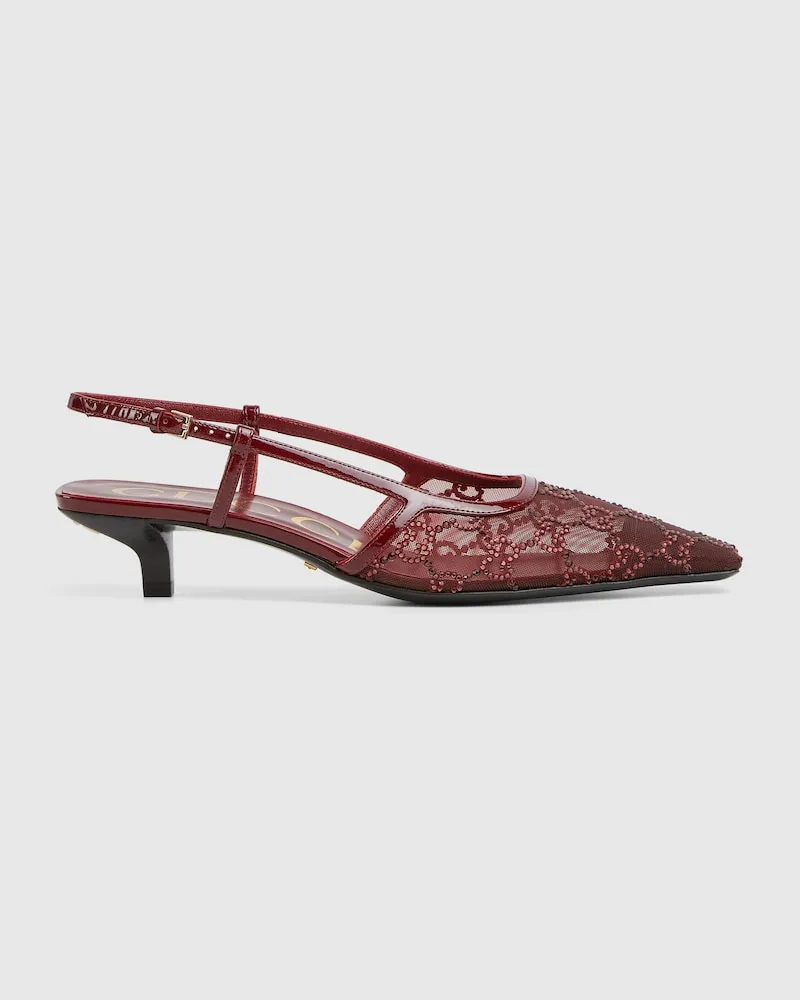Gucci Damenpumps Mit Fersenriemchen Und GG Kristallen, Größe Bordeauxrot