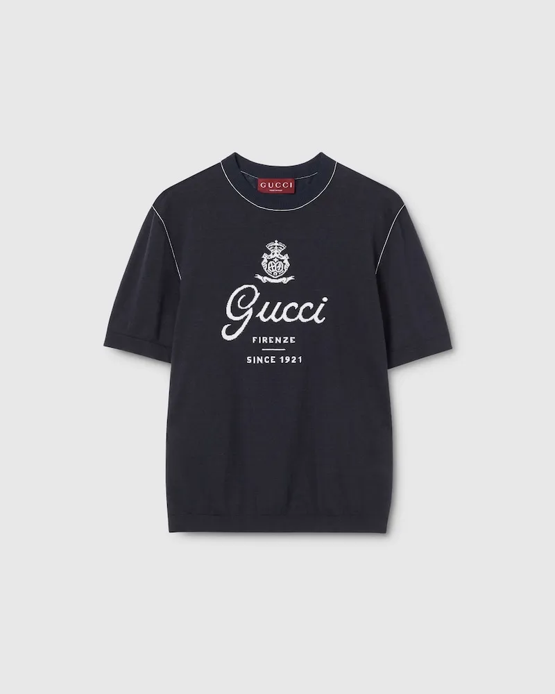 Gucci T-Shirt aus Seiden- Und Leinenstrick Mit Intarsie, Größe Blau