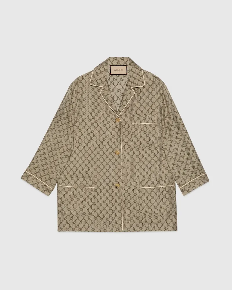 Gucci Bluse aus Seide Mit GG Supreme-Print, Größe Braun