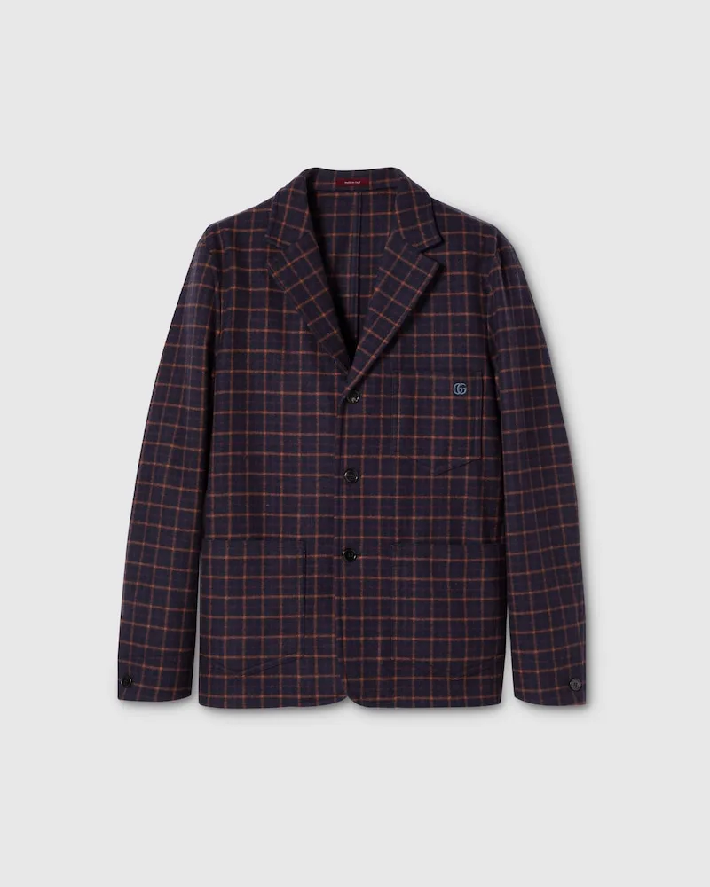 Gucci Einreihiges Jackett aus Karierter Wolle, Größe Schwarz