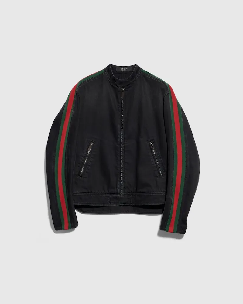 Gucci Blouson Biker En Denim De Coton Avec Bande Web, Taille Noir