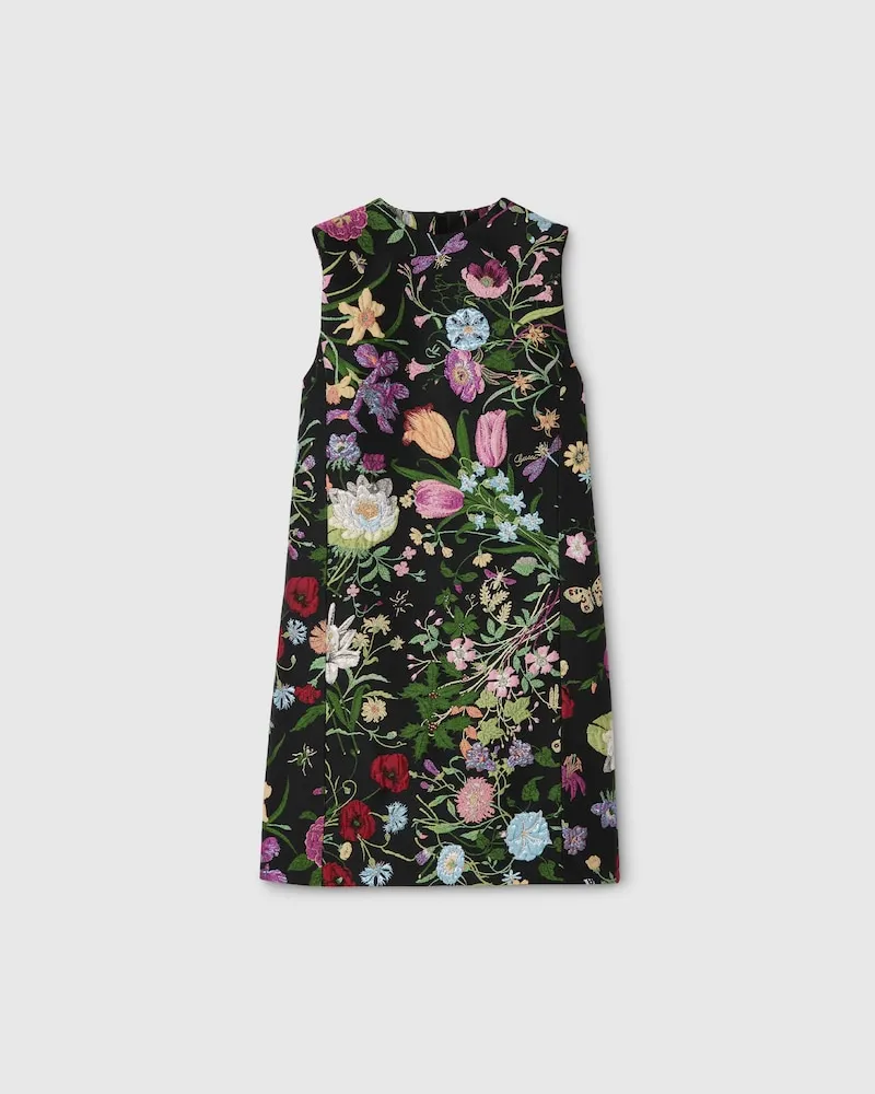 Gucci Kleid aus Seidenbrokat Mit Flora-Motiv, Größe Schwarz
