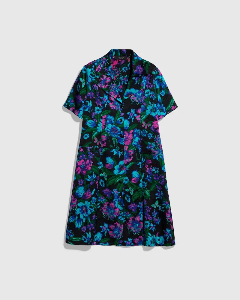 Gucci Kleid aus Bedrucktem Seidenjacquard, Größe Pink