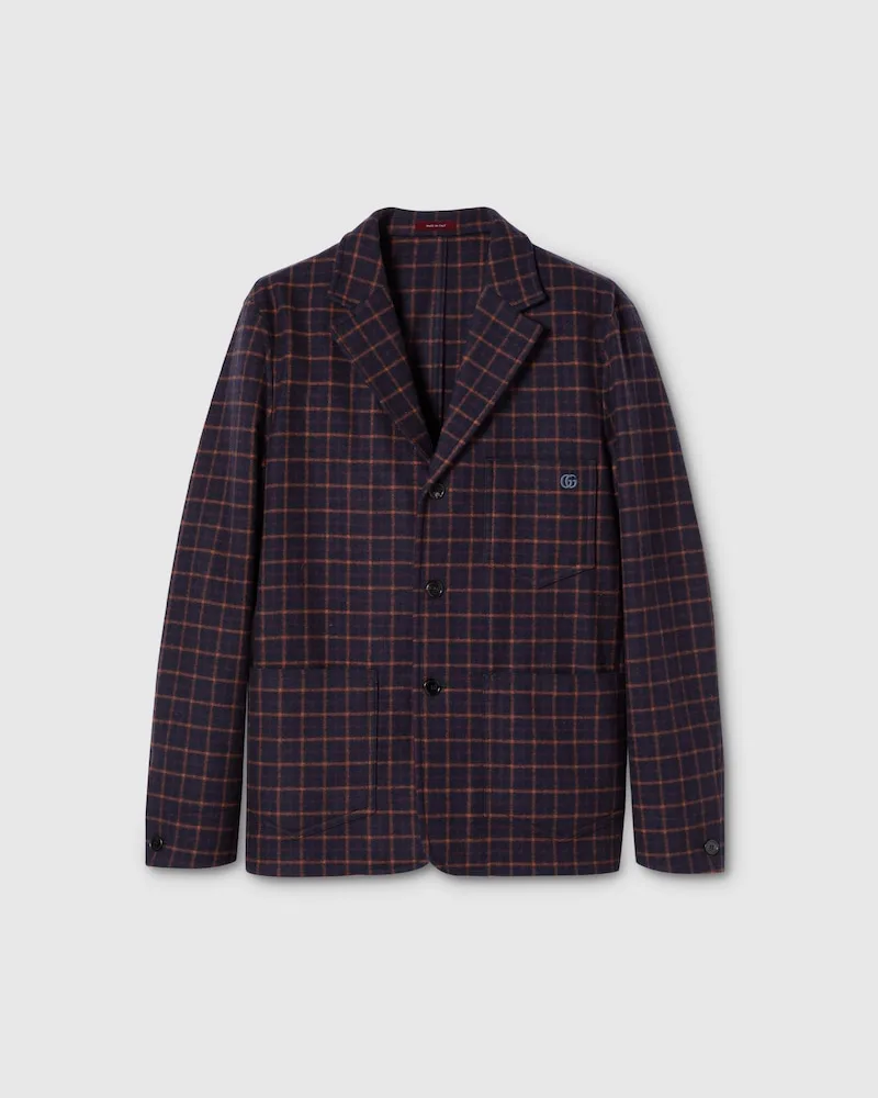 Gucci Einreihiges Jackett aus Karierter Wolle, Größe Schwarz