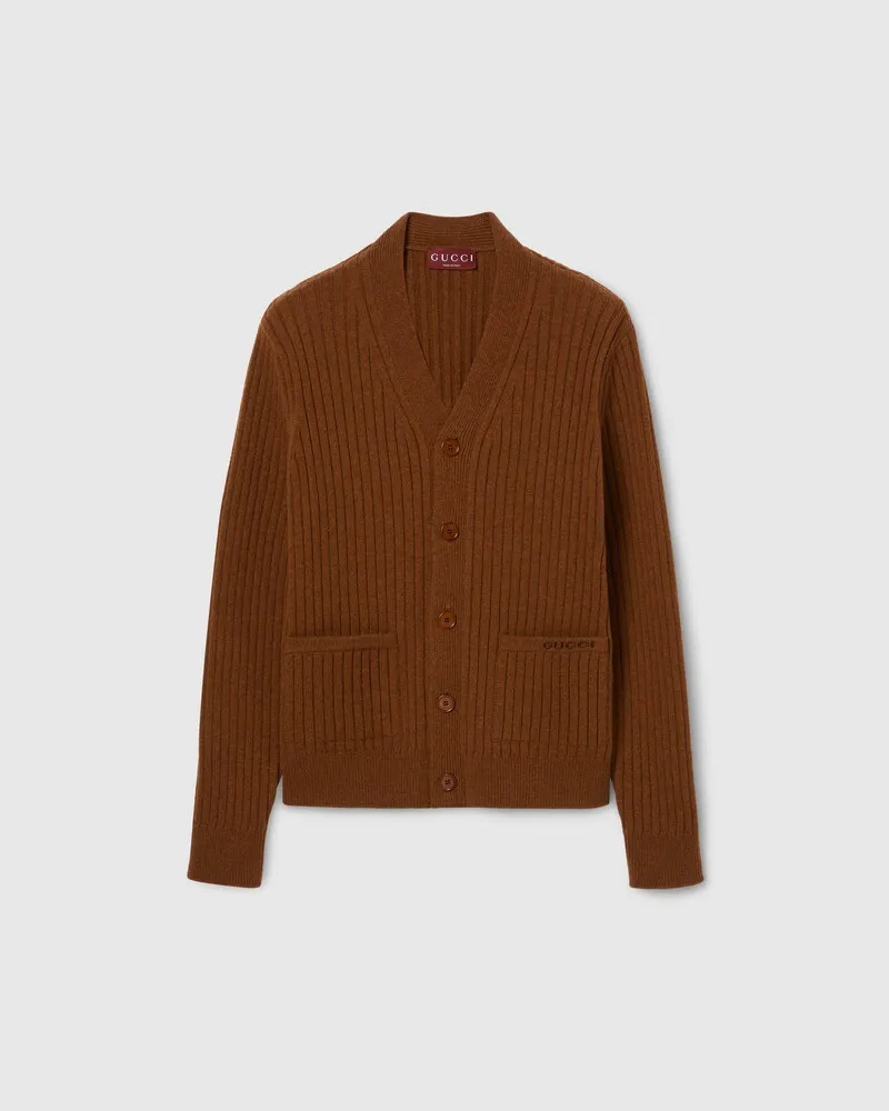 Gucci Cardigan aus Geripptem Woll-Kaschmirstrick, Größe Braun