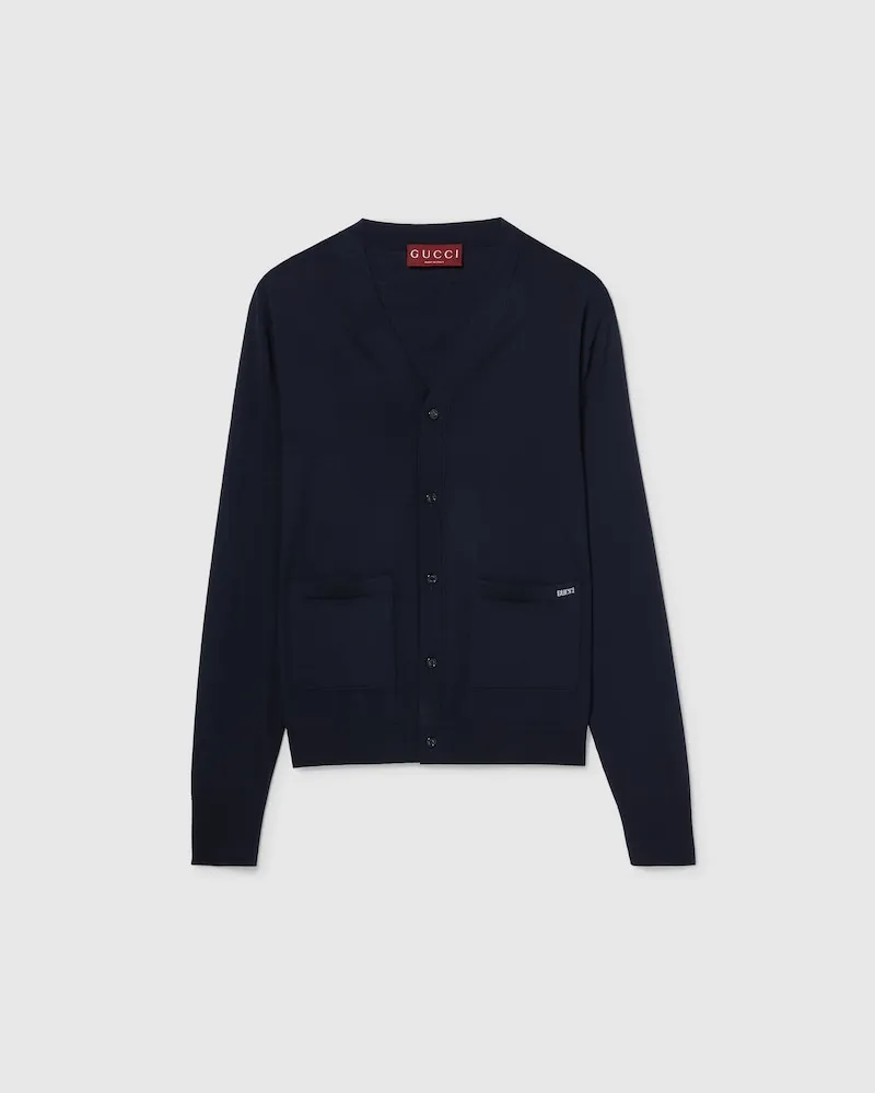 Gucci Cardigan aus Feinem Wollstrick Mit Intarsie, Größe Blau