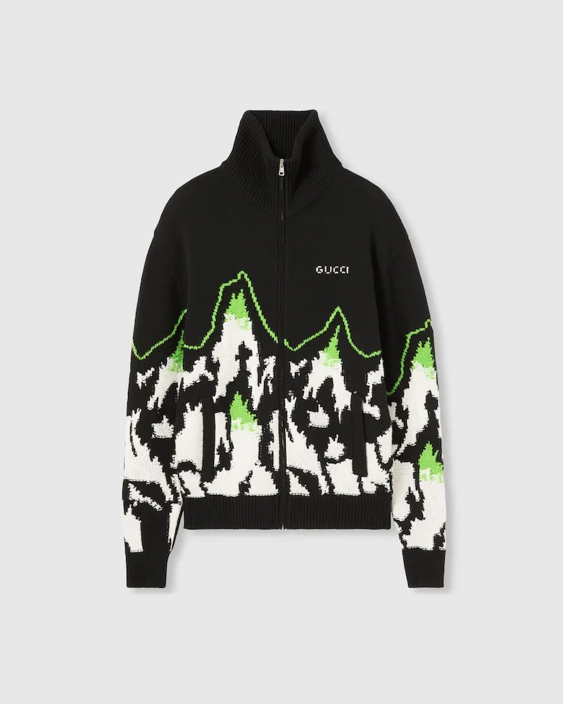 Gucci Jacke aus Wolljacquard Mit Intarsie Und Reißverschluss, Größe Schwarz