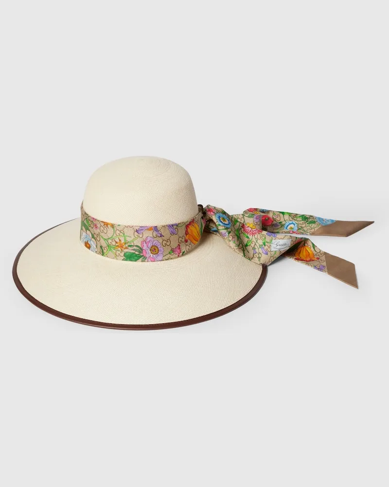 Gucci Panama-Twill-Hut mit Seidenband, Größe Beige