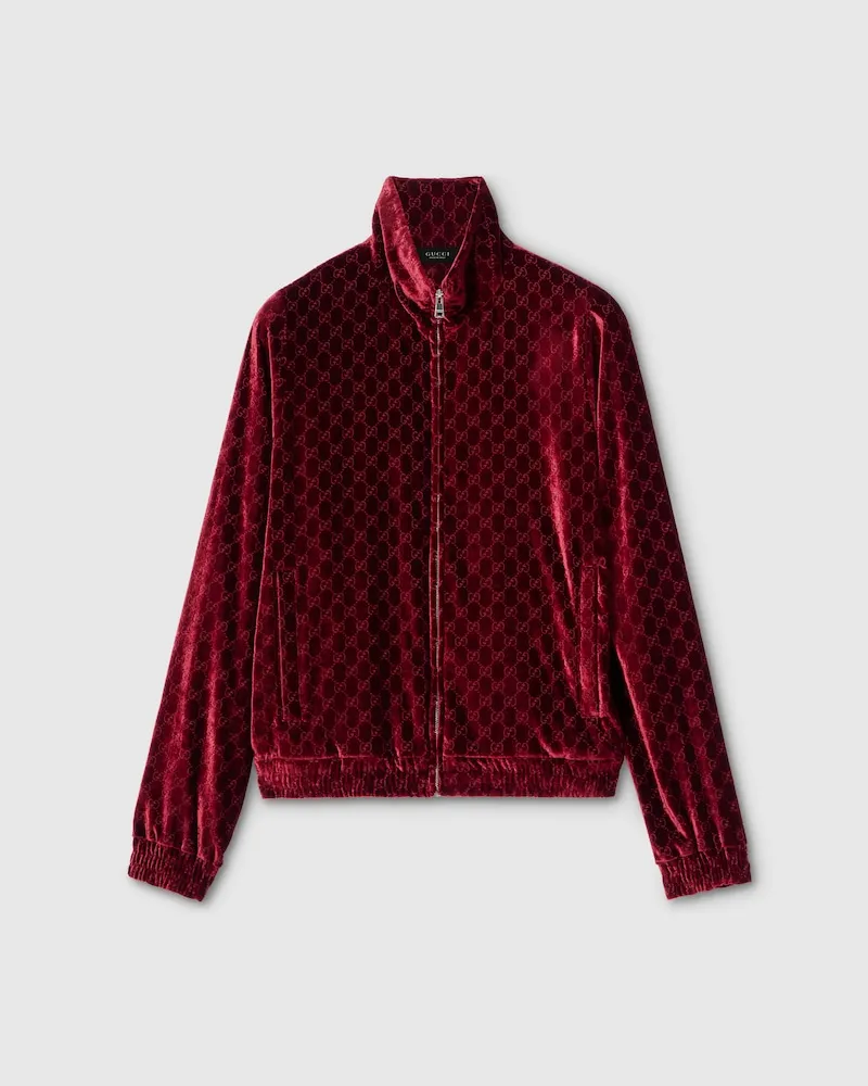 Gucci Jacke aus GG Stretch-Dévoré-Samt Mit Reißverschluss, Größe Bordeauxrot