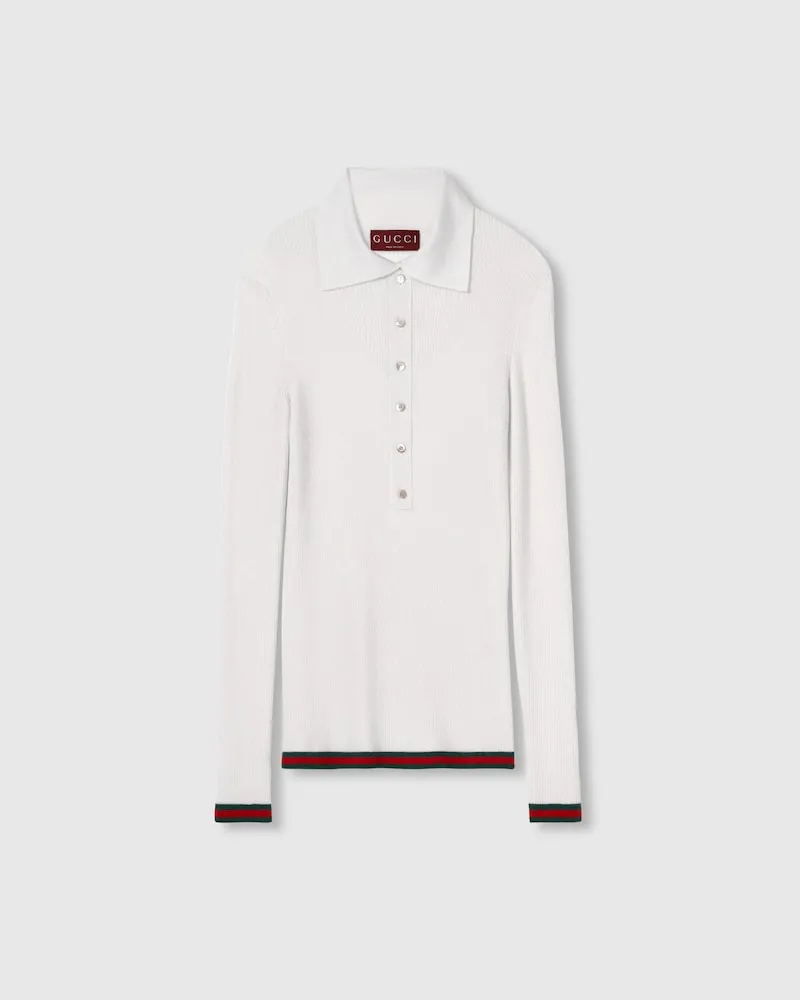 Gucci Poloshirt aus Kaschmir Und Seide Mit Web, Größe Weiß