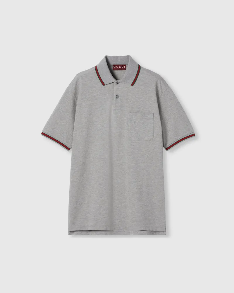 Gucci Poloshirt aus Baumwoll-Piqué Mit Stickerei, Größe Grau