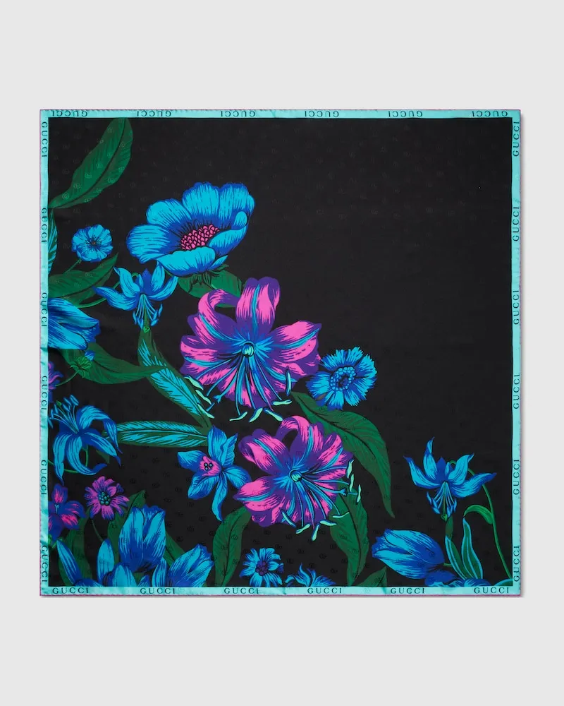 Gucci Vierecktuch aus Seidentwill mit Blumen- Und Doppel G Print Schwarz