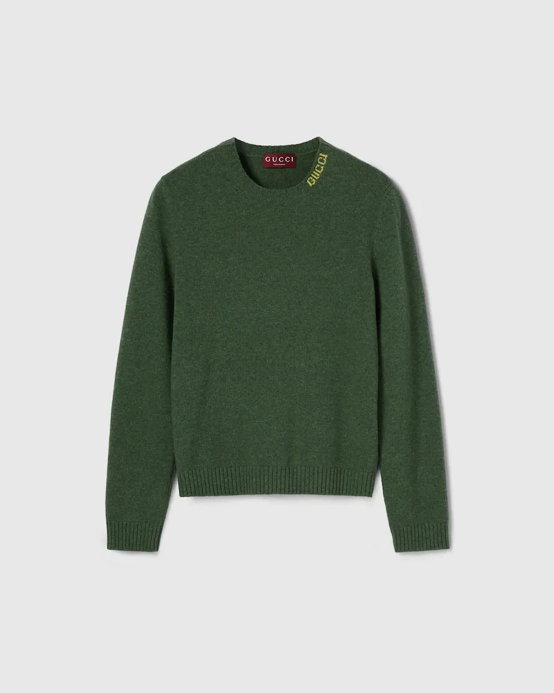 Gucci Pullover aus Gefilztem Wollstrick Mit Intarsie, Größe Grün