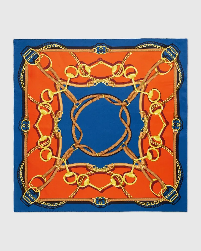 Gucci Carré En Twill De Soie Imprimé Réversible Bleu