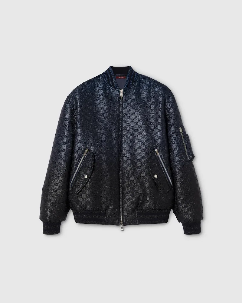 Gucci Wattierte Jacke aus GG Lamé-Canvas Mit Reißverschluss, Größe Blau